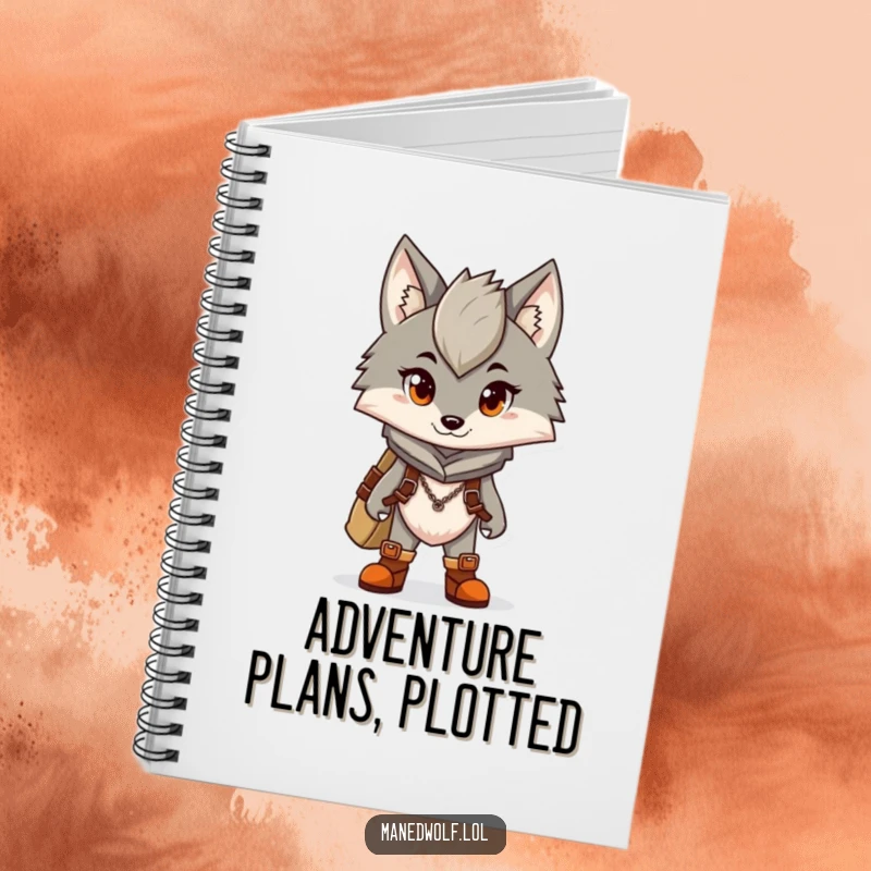 Funny notebook with a maned wolf character wearing tiny boots, ready for an adventure on the cover.