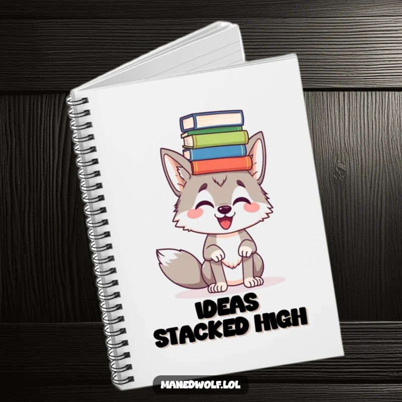 Funny Maned wolf balancing books on its head, illustrated on a notebook cover, perfect for jotting down witty thoughts.