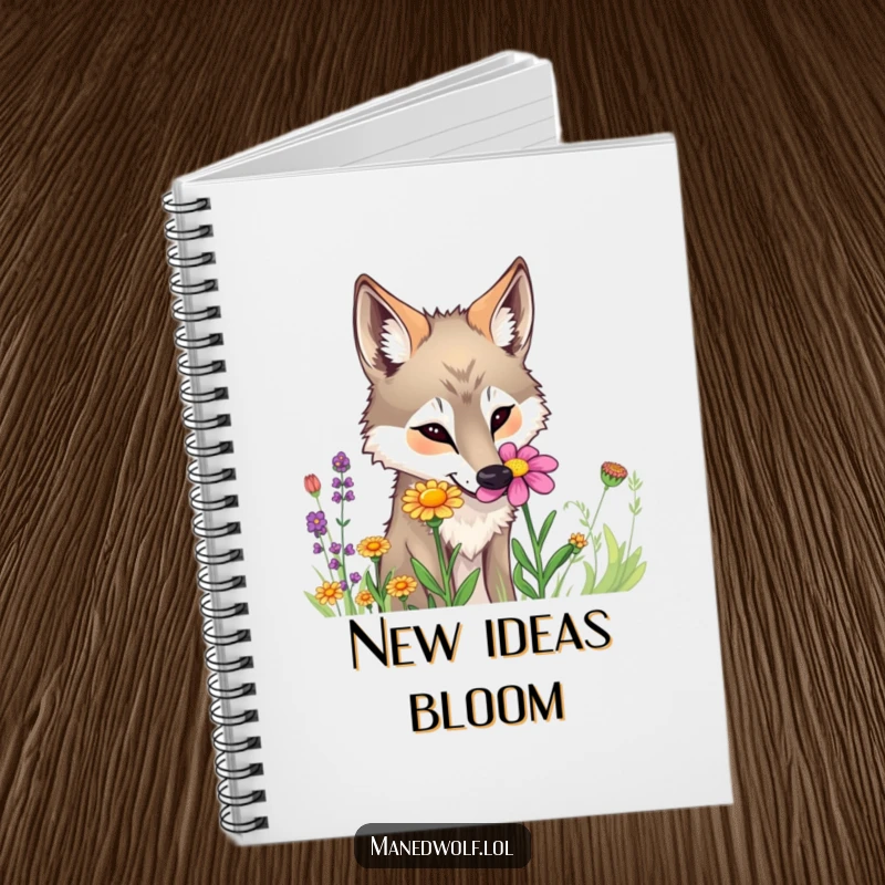 Funny maned wolf notebook featuring a curious wolf sniffing a colorful wildflower, ideal for notes.