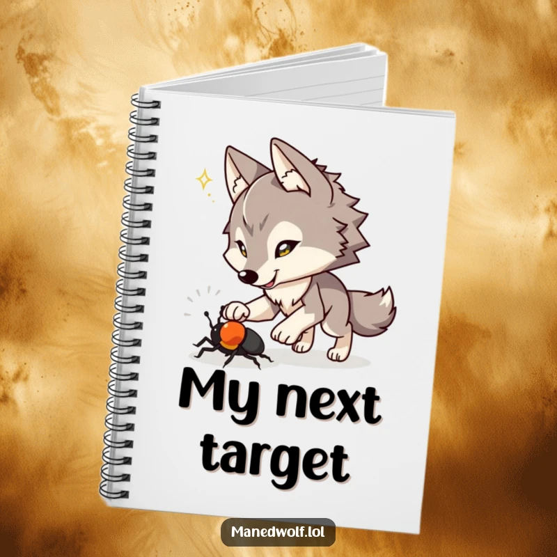 Funny notebook cover with a maned wolf playfully chasing a beetle, inspiring energetic and humorous note-taking.