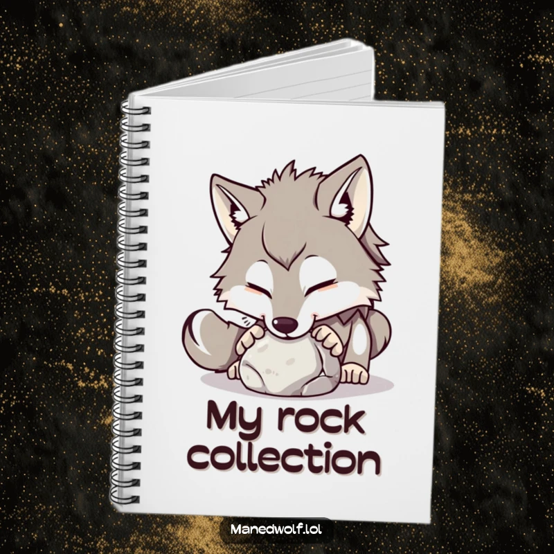 Funny maned wolf notebook cover showing a playful wolf nudging a small, round stone with its nose.