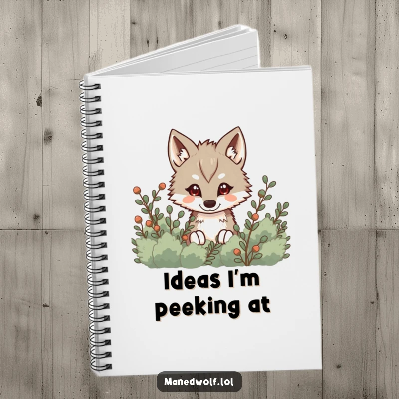 Funny Kawaii Maned Wolf Notebook featuring a cute wolf peeking from behind bushes, ideal for journaling with a mysterious theme.