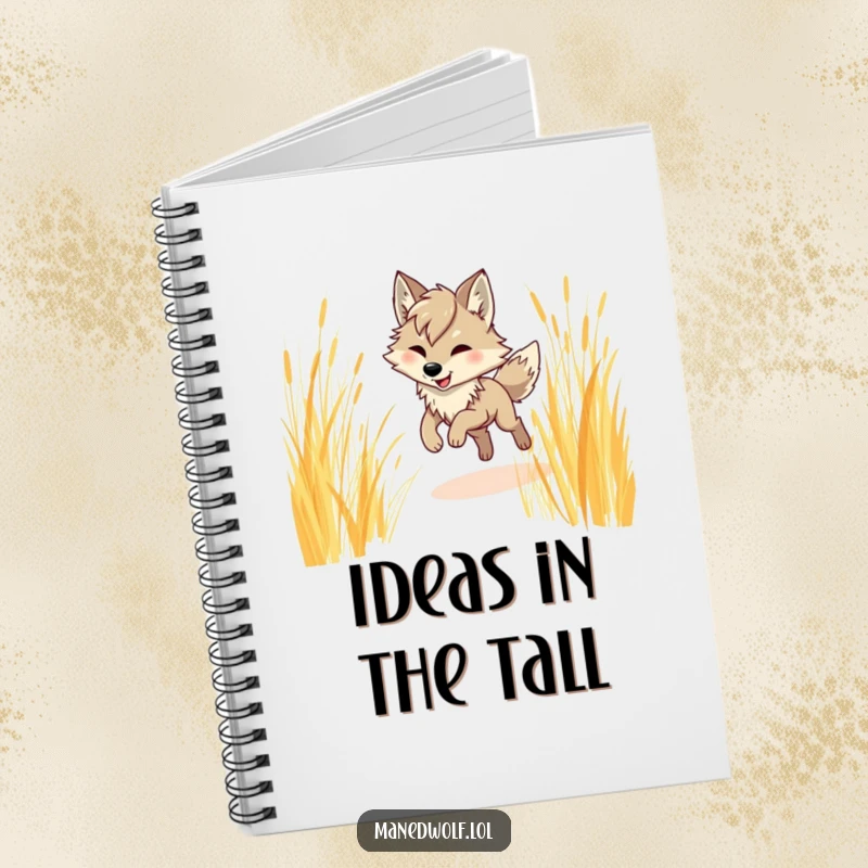 Funny maned wolf notebook cover, depicting a maned wolf humorously prancing through tall grass, inspiring creative and wild thoughts.