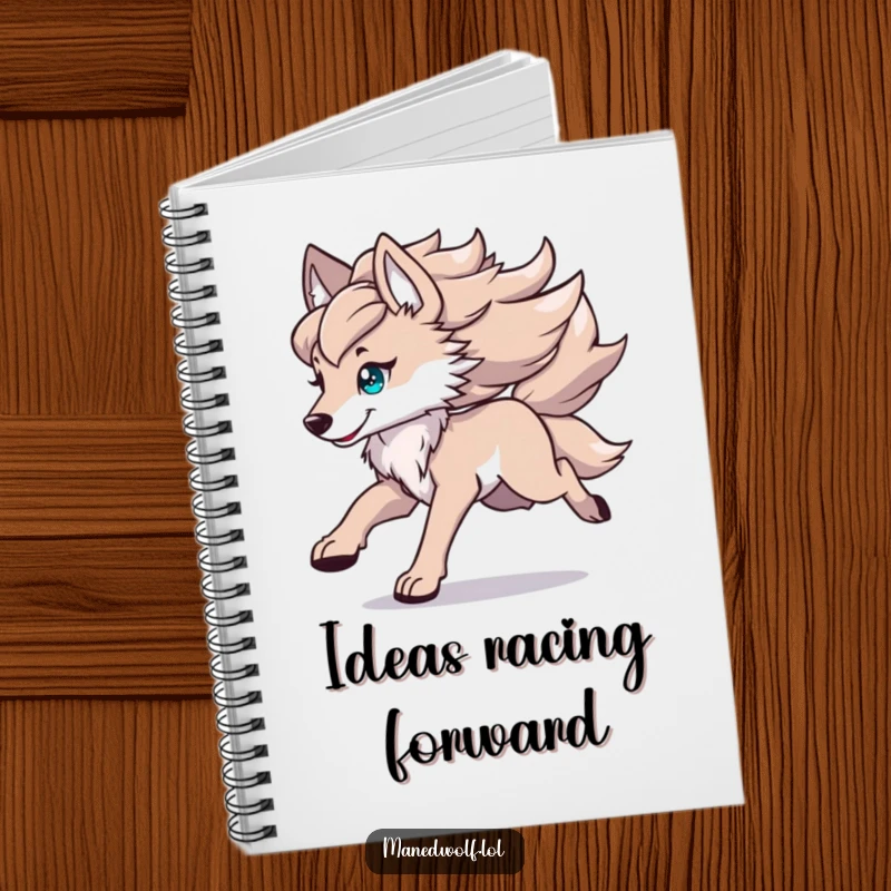 Funny kawaii maned wolf notebook featuring a cute wolf running with its mane flowing, ideal for notes and journaling with style.
