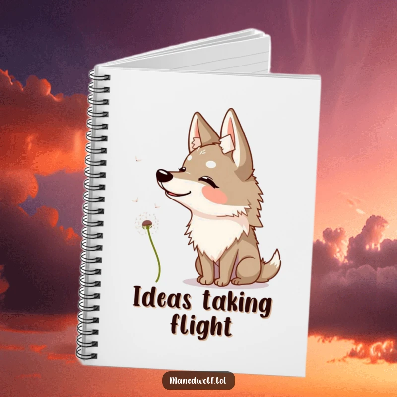 Funny maned wolf notebook featuring a wolf curiously watching a floating dandelion seed, for note-taking.