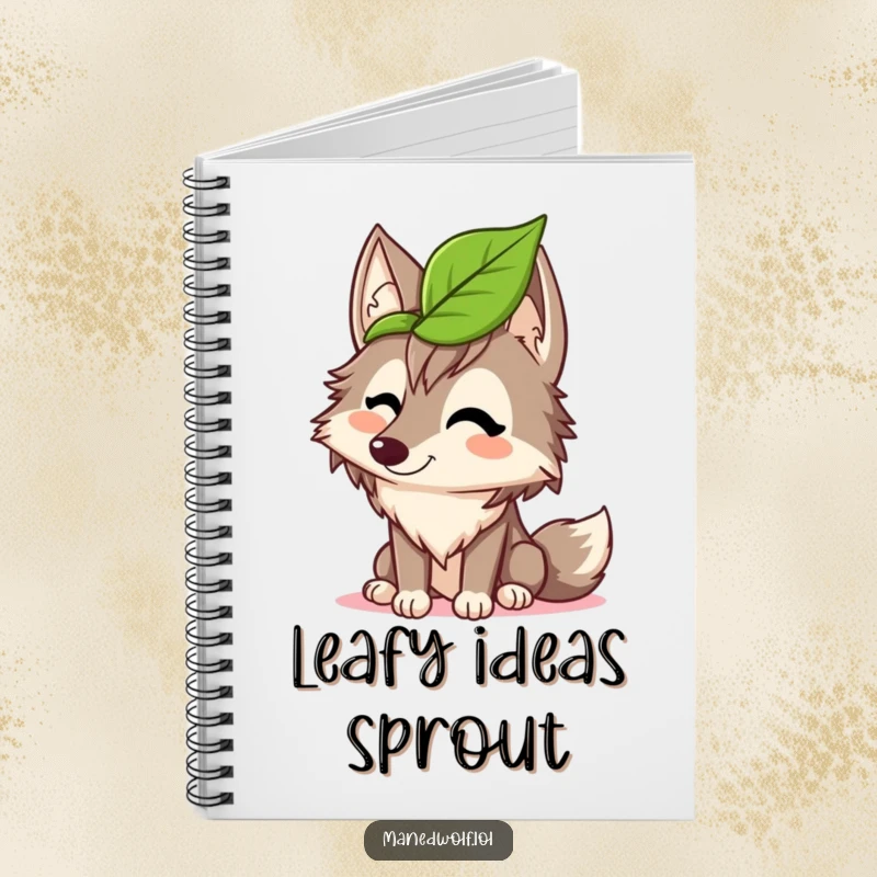 Funny maned wolf notebook cover featuring a wolf giggling with a leaf hat, designed for jotting down humorous and whimsical thoughts.