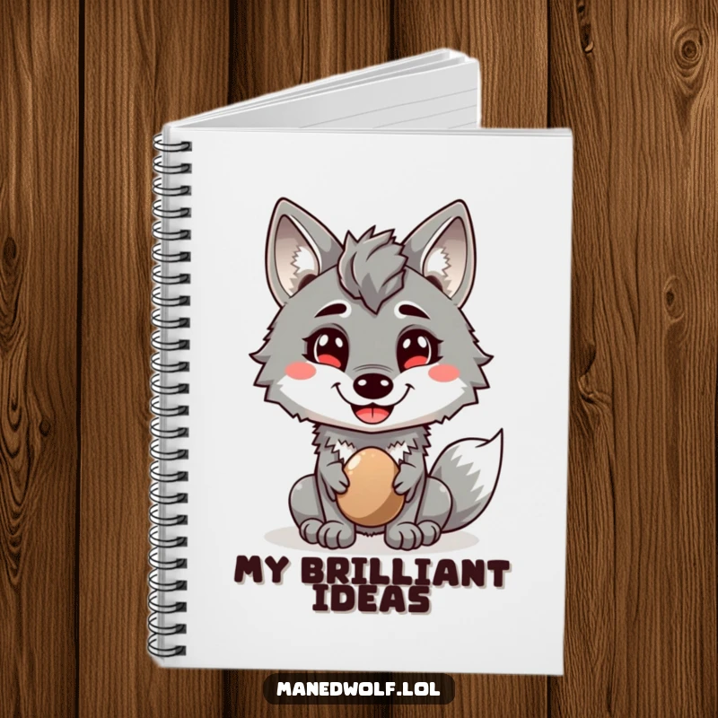 Funny notebook cover with a maned wolf offering a shiny pebble, ideal for jotting down thoughtful ideas.