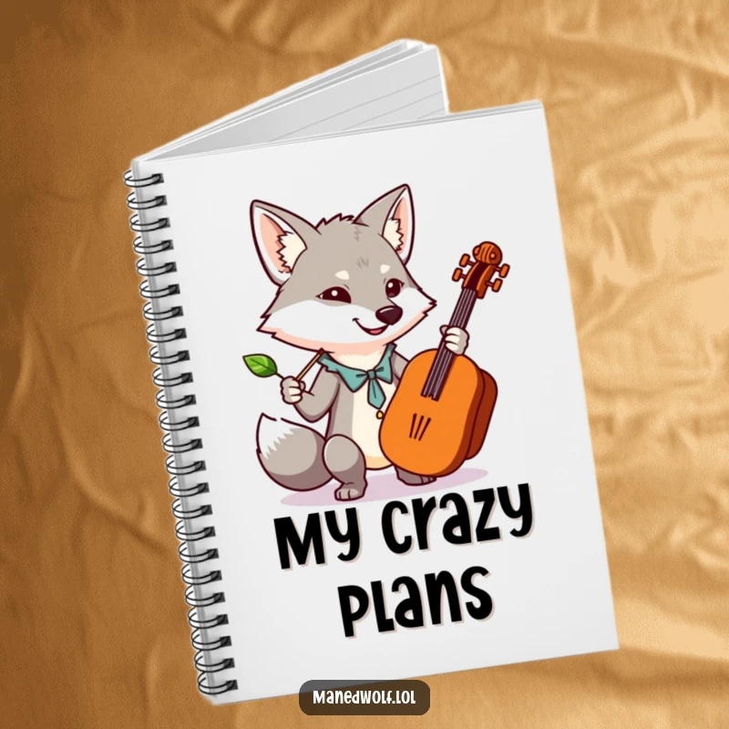 Funny notebook cover featuring a kawaii maned wolf conducting an orchestra with a leaf, perfect for musical composition.