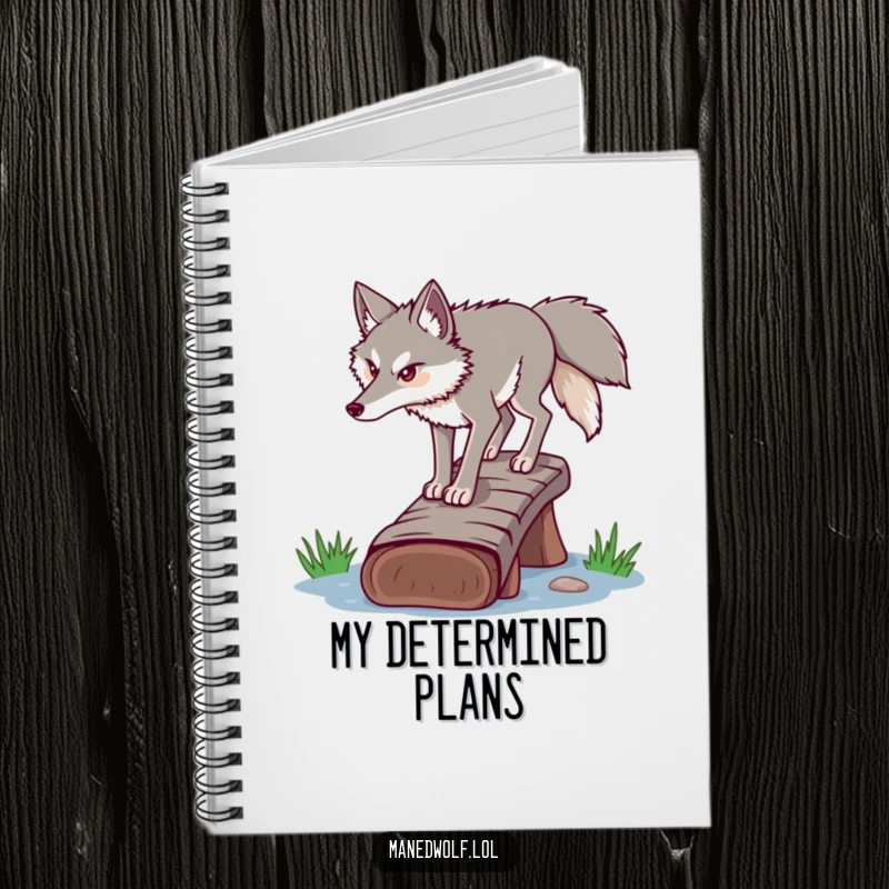 Funny determined maned wolf notebook, carefully crossing a log bridge, ideal for planning and goal setting.