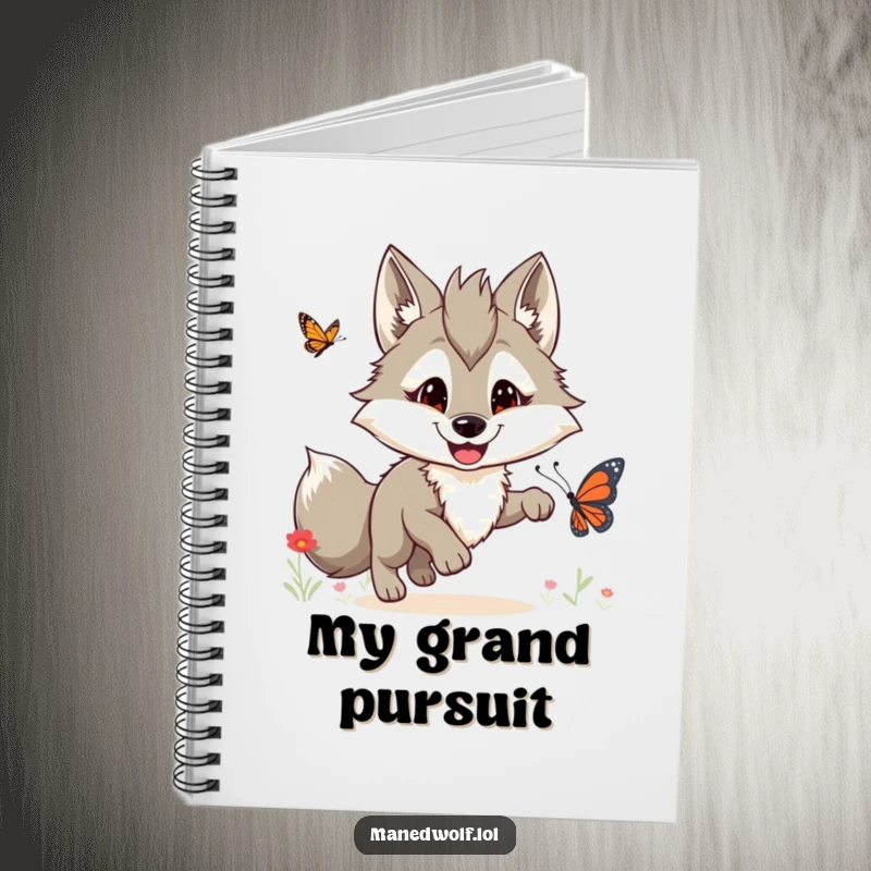 Funny maned wolf notebook with a happy wolf chasing a butterfly, perfect for capturing funny thoughts.