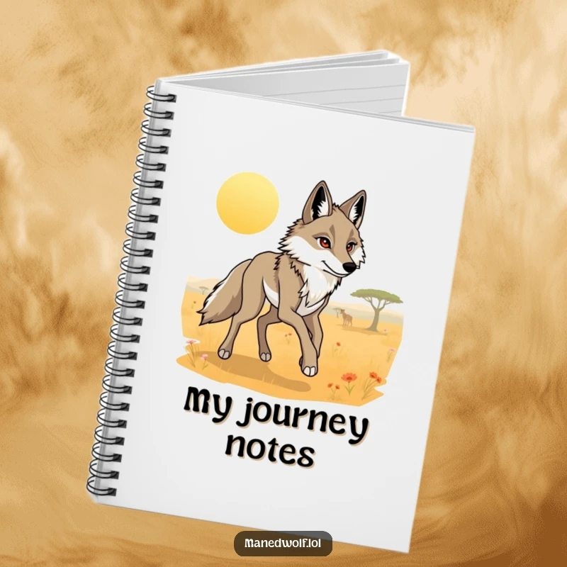 Funny maned wolf notebook cover showing a graceful wolf trotting through a sunlit savanna.