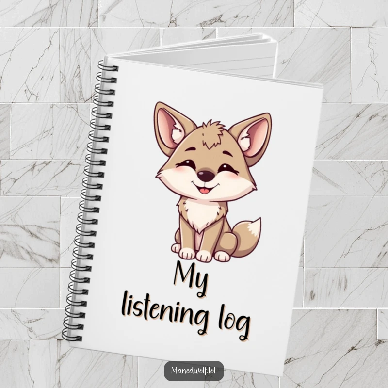 Funny maned wolf notebook cover showing a happy wolf with its head tilted and attentive ears.