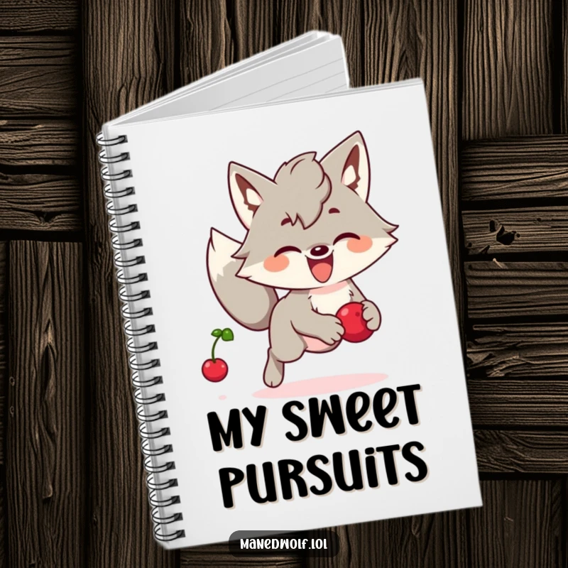 Funny Kawaii Maned Wolf Notebook: A cute maned wolf joyfully chasing a bouncing berry, perfect for jotting down playful ideas.