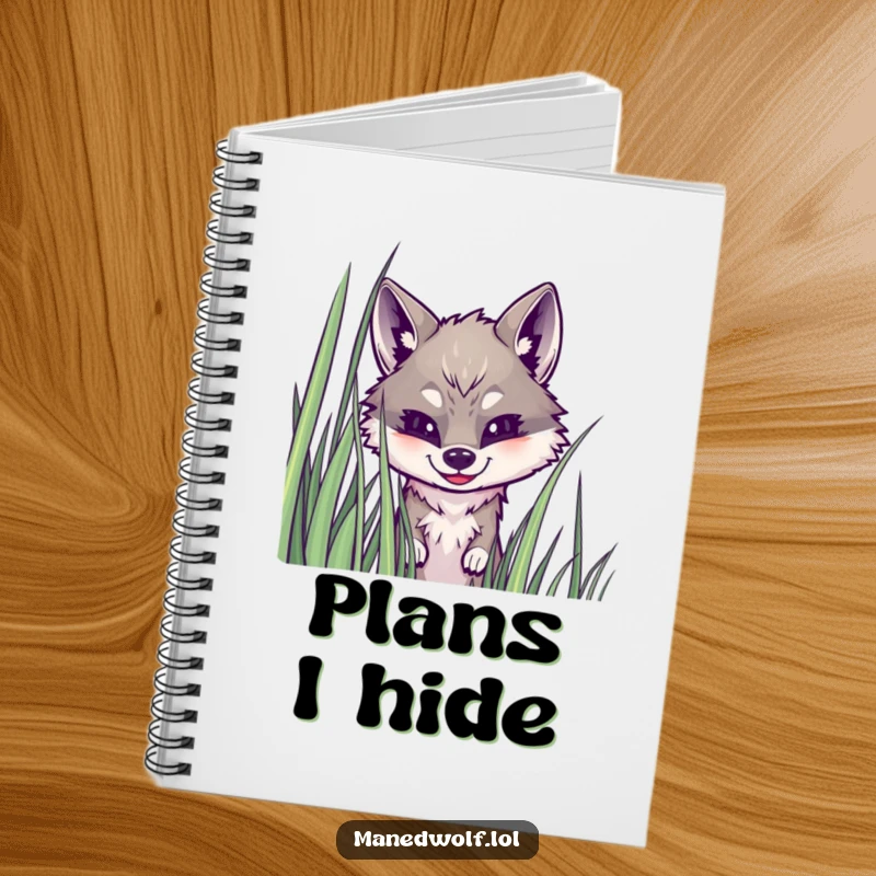 Funny maned wolf notebook cover with a wolf peeking from grass, designed for jotting down ideas with a sense of playful mystery.