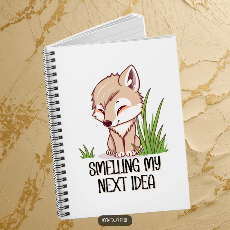 Funny Kawaii Maned Wolf Notebook featuring a cute wolf curiously sniffing grass, ideal for journaling explorations with a delightful theme.