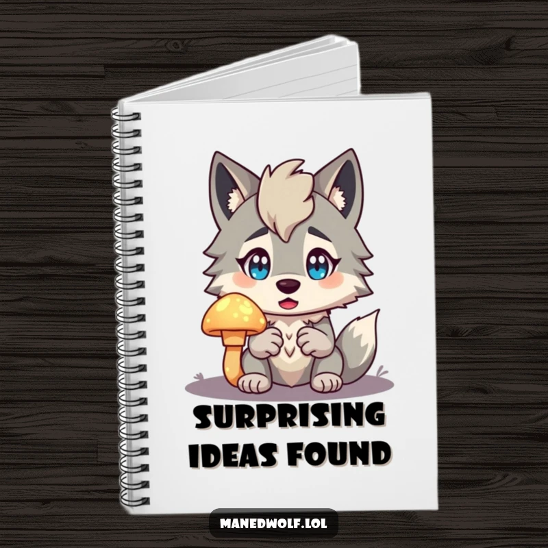 Funny Maned Wolf Notebook with a cover showing a surprised character holding a glowing mushroom, perfect for jotting down magical thoughts.