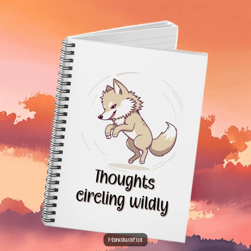 Funny Maned wolf chasing its tail in a dizzy circle on a notebook cover, perfect for jotting down playful thoughts.