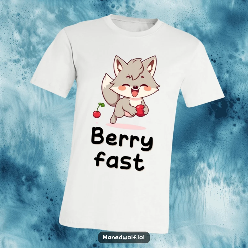 Funny Kawaii Maned Wolf T-Shirt: A cute maned wolf joyfully chasing a bouncing berry, a humorous design for playful spirits.