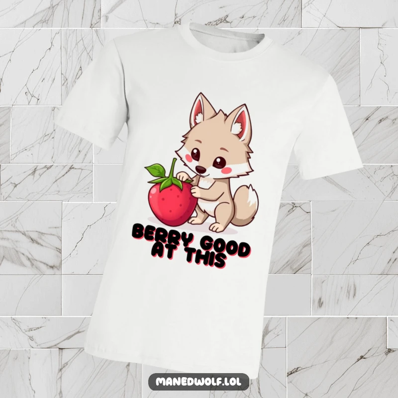 Funny Kawaii Maned Wolf T-Shirt featuring a cute wolf attempting to balance a large berry, showcasing effort and humorous challenge.