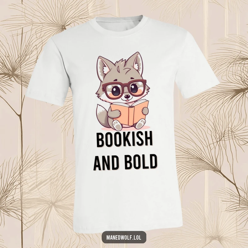 Funny, cute t-shirt featuring a kawaii maned wolf with large glasses reading a miniature book, perfect for scholars.