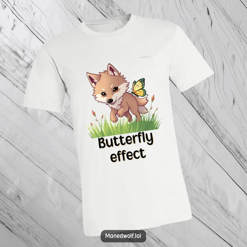Funny maned wolf t-shirt depicting an eager wolf chasing a sparkling butterfly through lush, green tall grass.