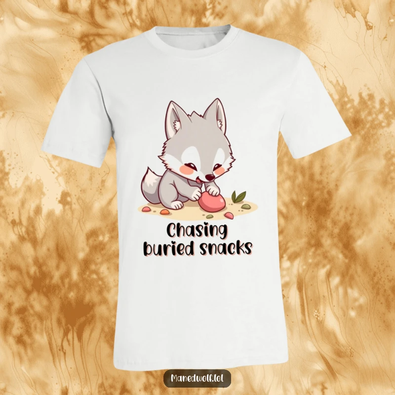 Funny Kawaii Maned Wolf T-Shirt: Excited wolf digging with joy, perfect for outdoor lovers and treat enthusiasts, a humorous tee.