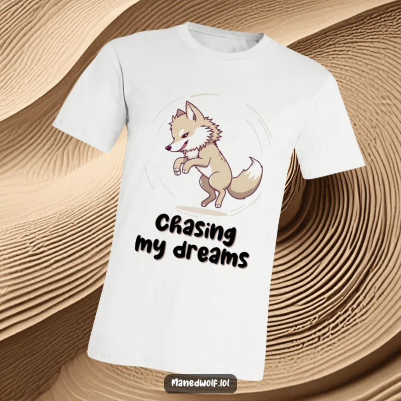 Funny Maned wolf chasing its tail in a blur on a t-shirt, illustrating dizzying fun and playful humor.
