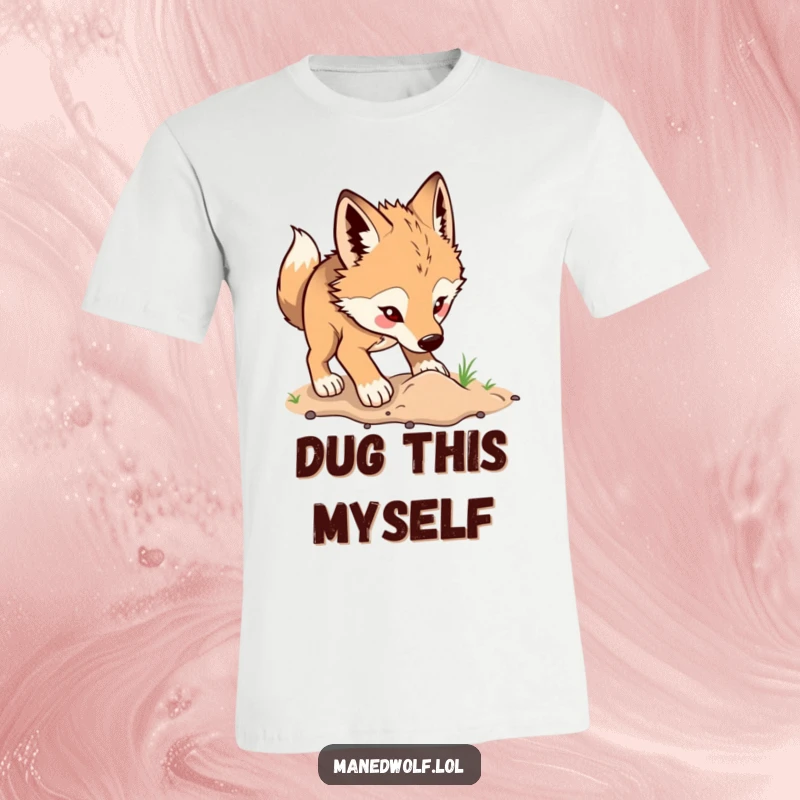 Funny maned wolf t-shirt showing a wolf excitedly digging in the earth, symbolizing passion and energetic fun.