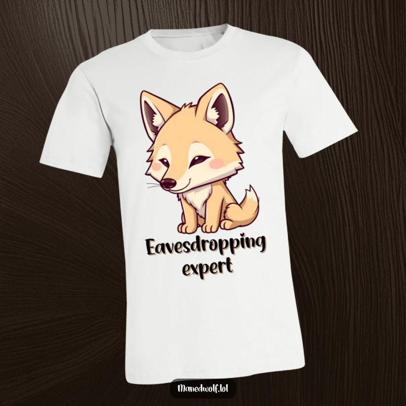 Funny Maned Wolf T-Shirt: Cute character with perked ears, listening intently, conveying curiosity and humor, great for gifts.