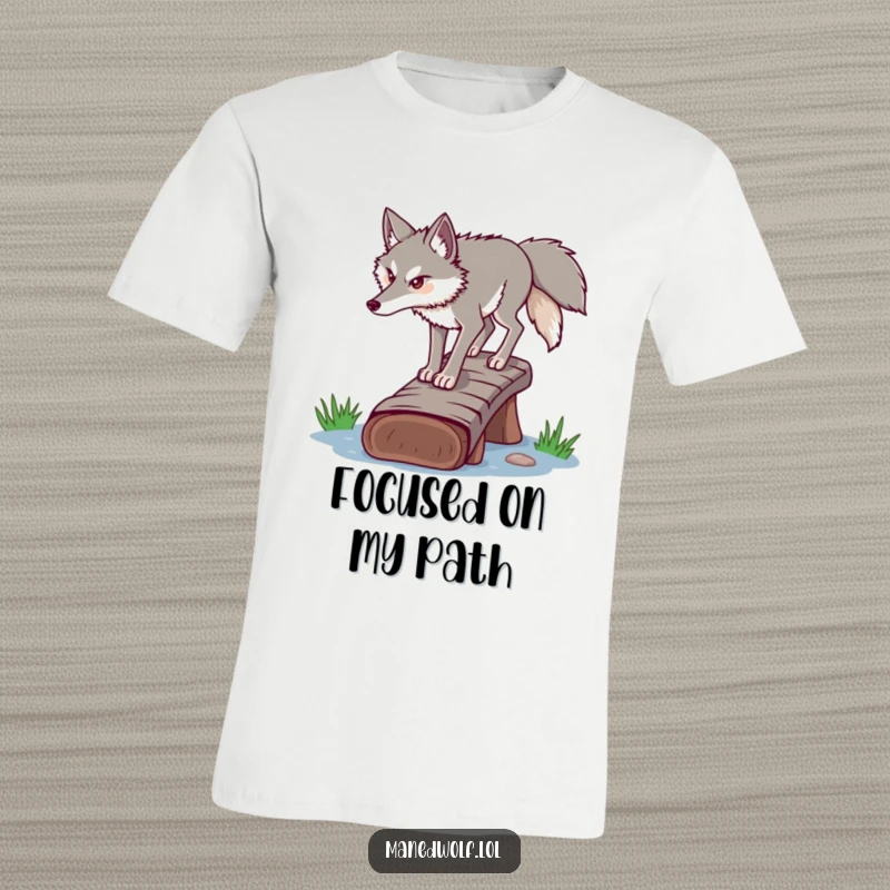Funny determined maned wolf t-shirt, carefully crossing a log bridge, representing focus and achievement.