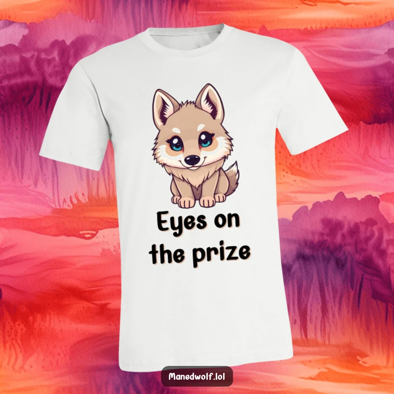Funny Maned Wolf T-Shirt: Small character looking up with bright, curious eyes, showing innocence and inquisitiveness, a great gift.