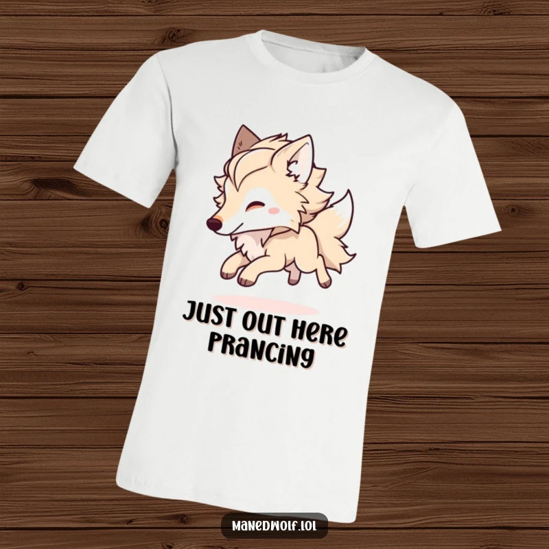 Funny Kawaii Maned Wolf T-Shirt showcasing a fluffy-maned wolf in a playful bounding leap, expressing pure joy and energetic fun.