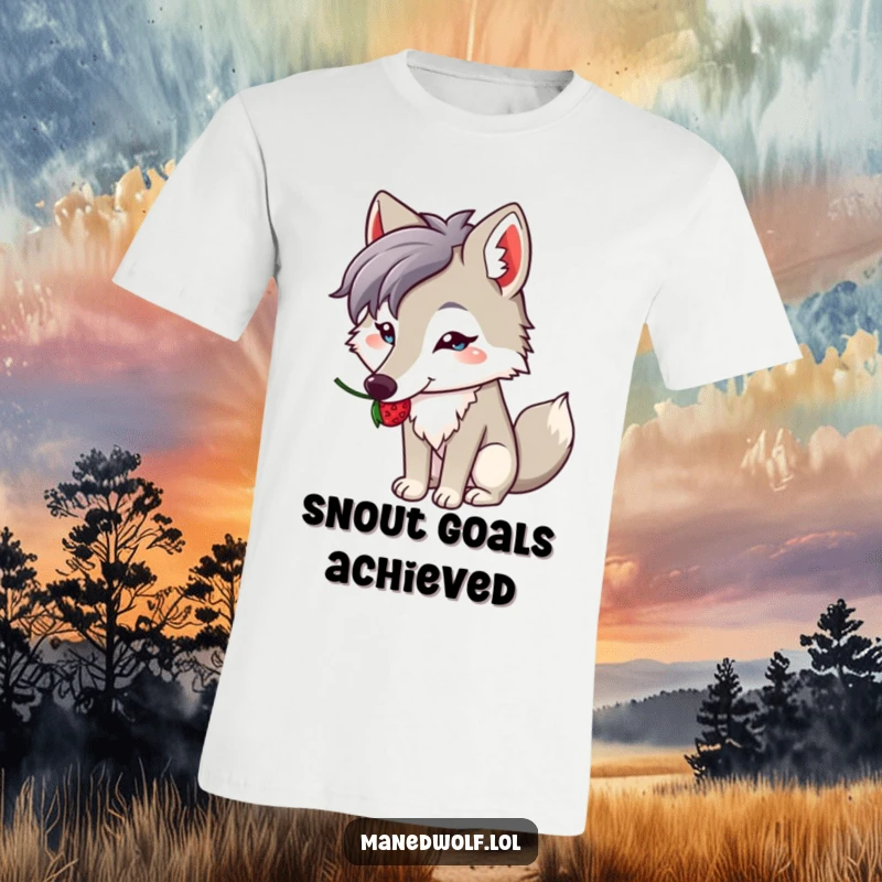 Funny t-shirt featuring a kawaii maned wolf concentrating on balancing a berry on its notably long snout.