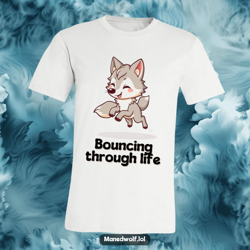 Funny kawaii maned wolf t-shirt depicting a cute wolf doing a happy, bouncy trot, perfect for spreading cheer and style.