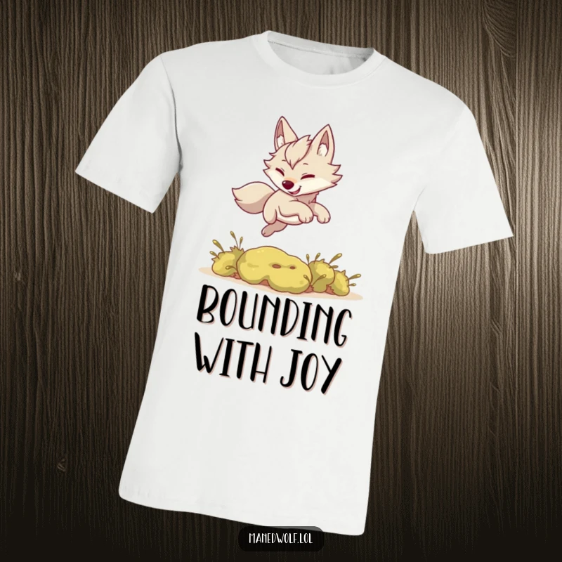 Funny t-shirt graphic of a cute kawaii maned wolf playfully leaping over a small, textured green bush.