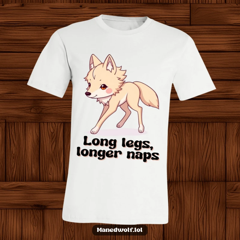 Funny Kawaii maned wolf t-shirt design with long legs in a graceful stride, perfect for expressing whimsical style and personality.