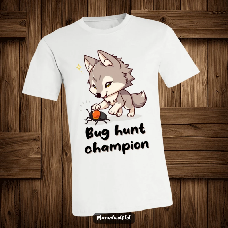 Funny t-shirt showing a maned wolf with a mischievous sparkle in its eyes, playfully chasing a beetle.