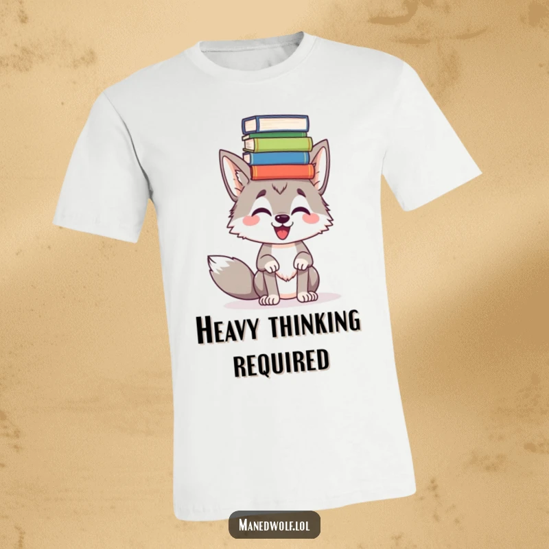 Funny Maned wolf precariously balancing a pile of books on its head, on a t-shirt, illustrating academic silliness.