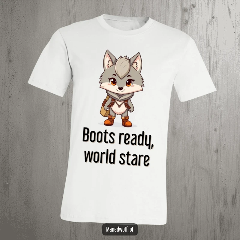 Funny t-shirt depicting a maned wolf character sporting tiny boots, poised for an exciting adventure.