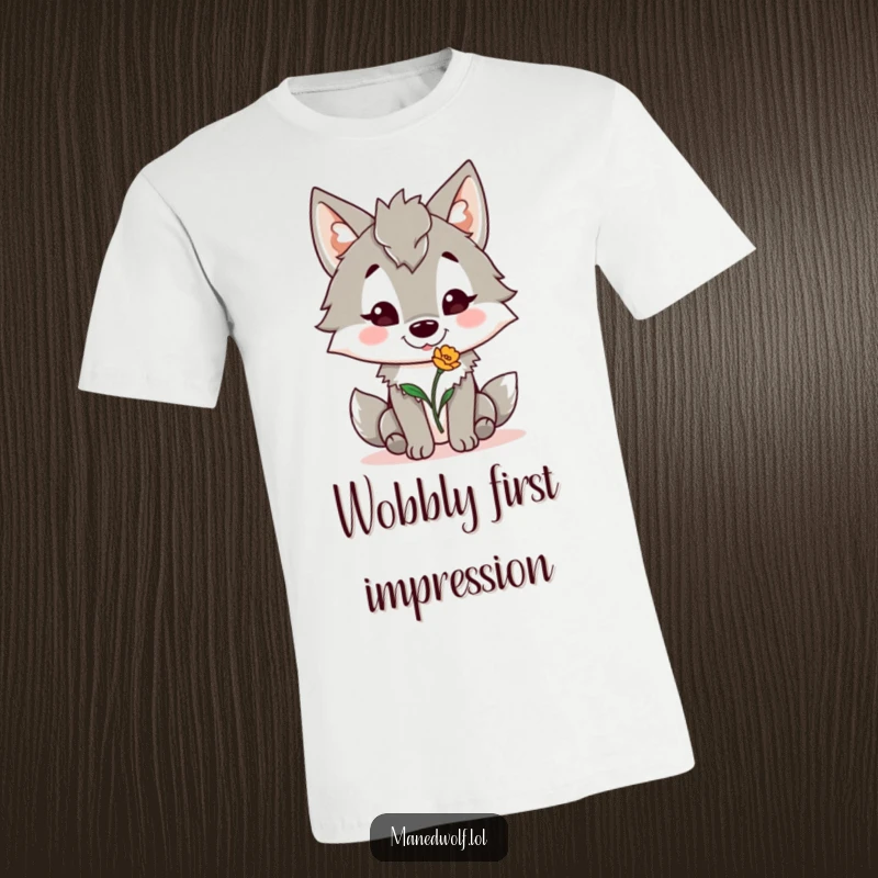 Funny Maned Wolf T-Shirt: A cheerful maned wolf offers a single, slightly unsteady flower, embodying a funny, kind gesture.