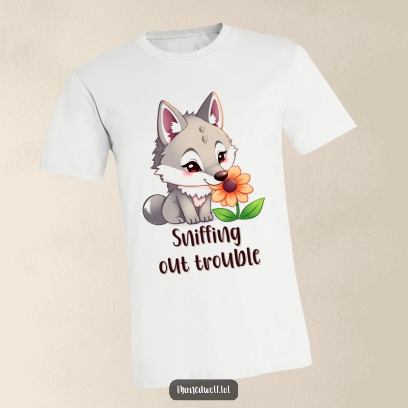 Funny maned wolf t-shirt featuring an inquisitive wolf with big ears sniffing a brightly colored, detailed flower.