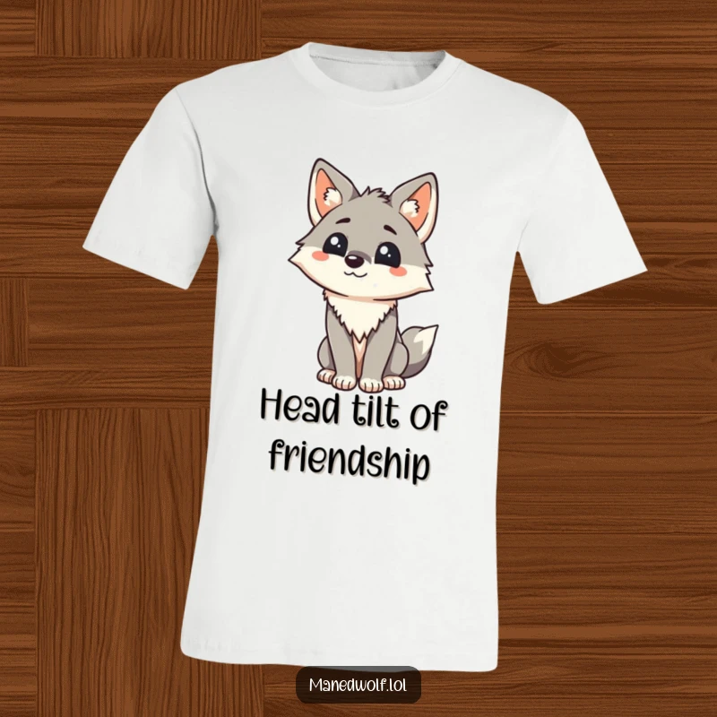 Funny Kawaii Maned Wolf T-Shirt: A wolf tilting its head to greet, spreading friendliness and humor, a perfect casual tee.