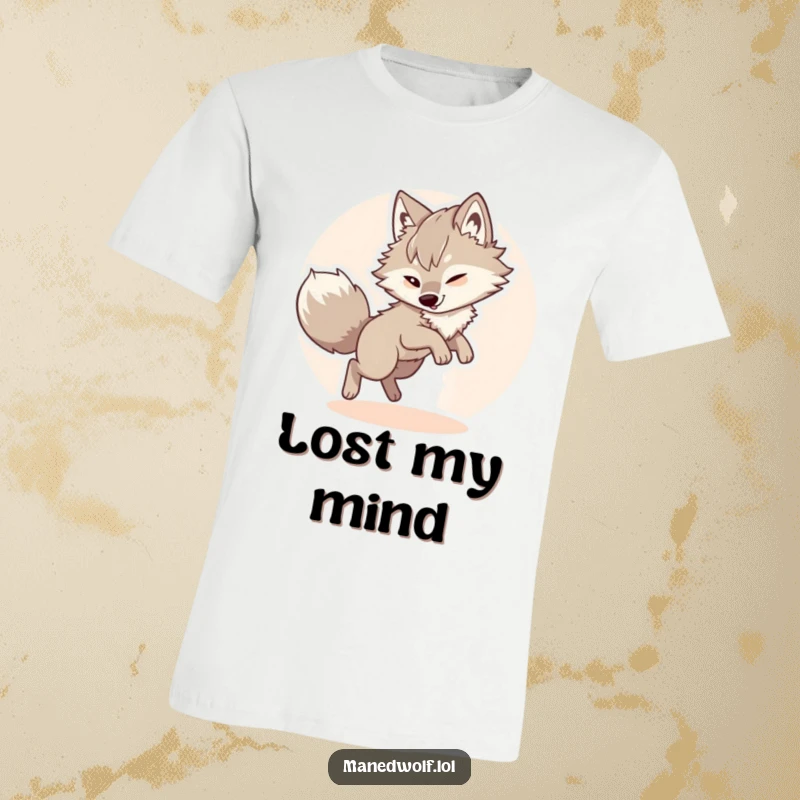 Funny maned wolf t-shirt, depicting a fluffy wolf in a hilarious chase of its own bushy tail, full of playful energy.