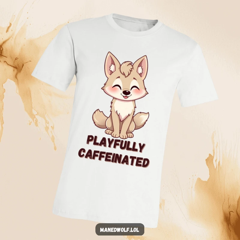 Funny playful maned wolf t-shirt, tail wagging, friendly nod, expressing joy and sociability.