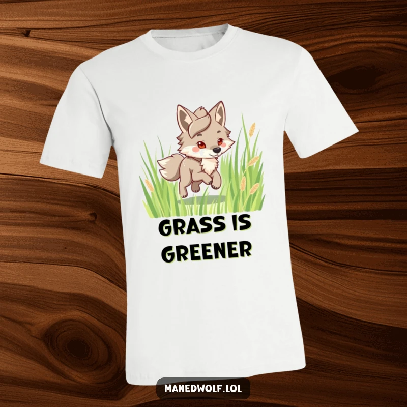 Funny Maned Wolf T-Shirt: Character happily trotting through tall grass, symbolizing joyful movement and freedom, a great gift.