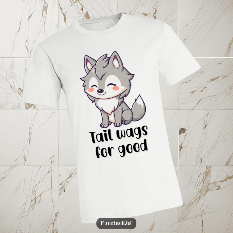 Funny maned wolf t-shirt with a cute character showing a wide happy grin and a vigorously wagging tail, radiating excitement.