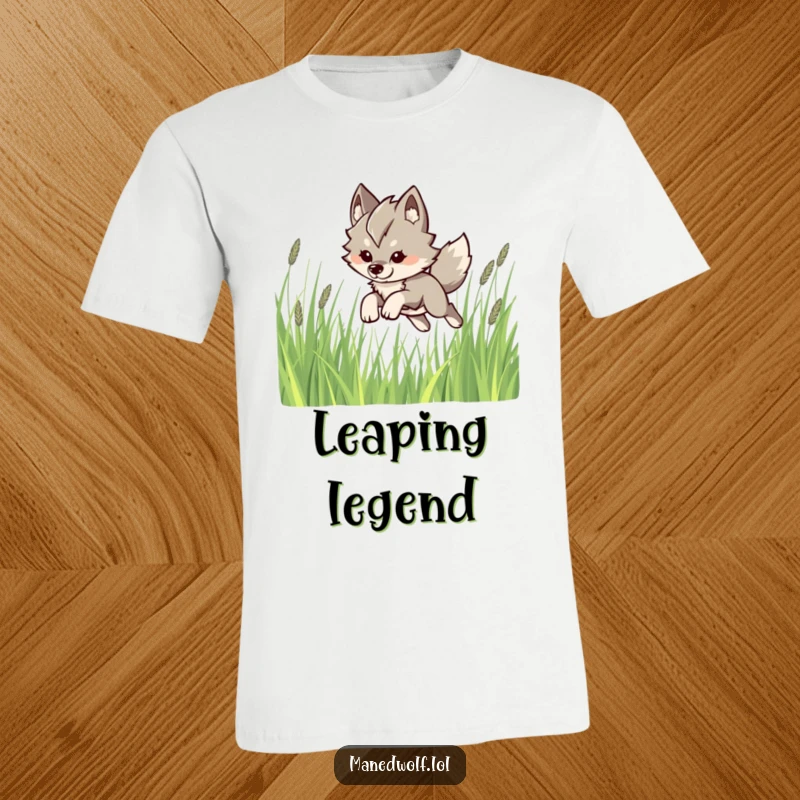 Funny Kawaii Maned Wolf T-Shirt: A cute maned wolf leaping playfully through tall grass, a humorous design for animal enthusiasts.