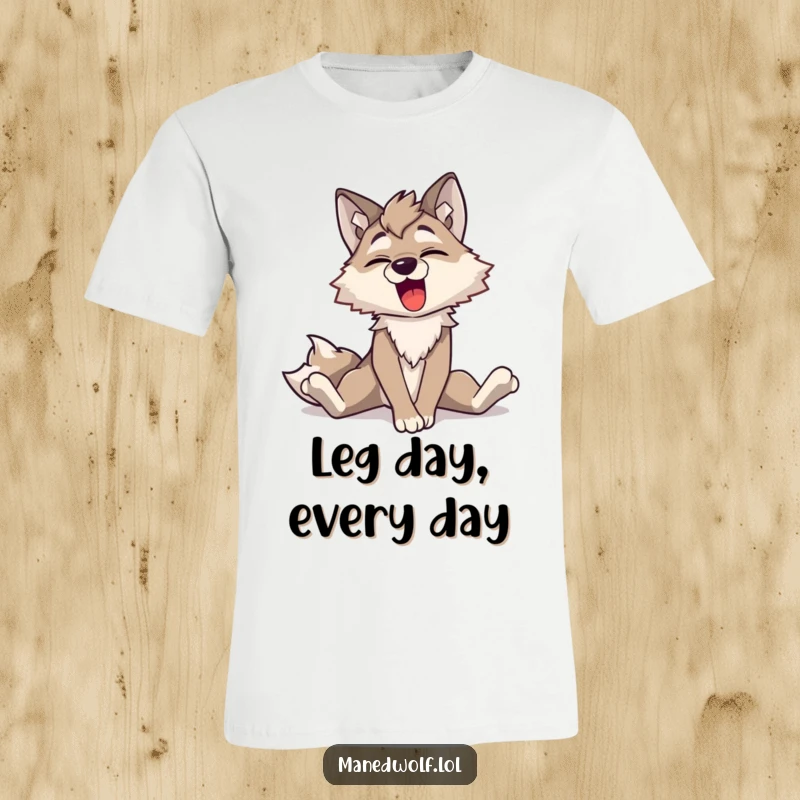 Funny Maned Wolf Stretching T-Shirt: A happy maned wolf character stretching its long legs and letting out a big, cheerful yawn, ideal for casual wear.