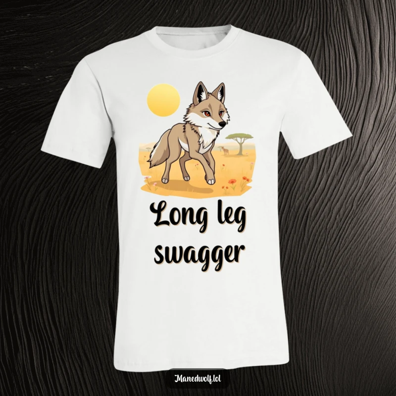 Funny maned wolf t-shirt showing a sleek wolf with extended legs moving elegantly across a sun-drenched savanna.