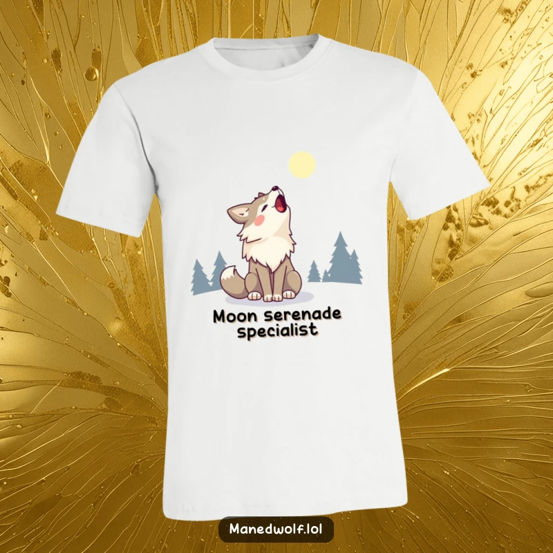 Kawaii Maned Wolf T-Shirt showing a cute maned wolf howling a happy song at the moon, full of charm.